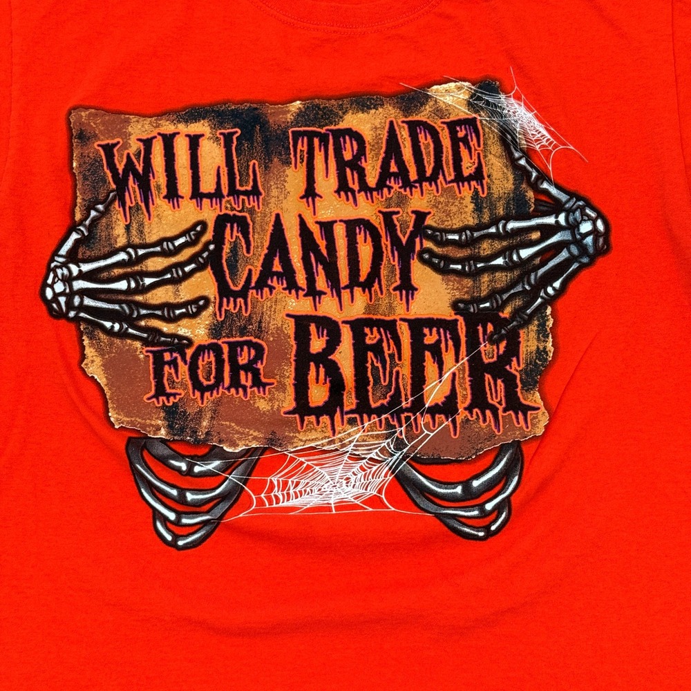 Jerzees Mens Halloween Graphic T-Shirt Will Trade Candy For Beer Orange Size L